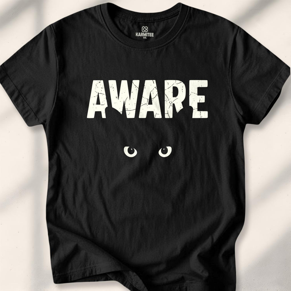 Aware (Cat's eyes) T-shirt - cat lover zen t-shirt - funny cat person tee - feline mindfulness shirt - Karmitee in S - back design