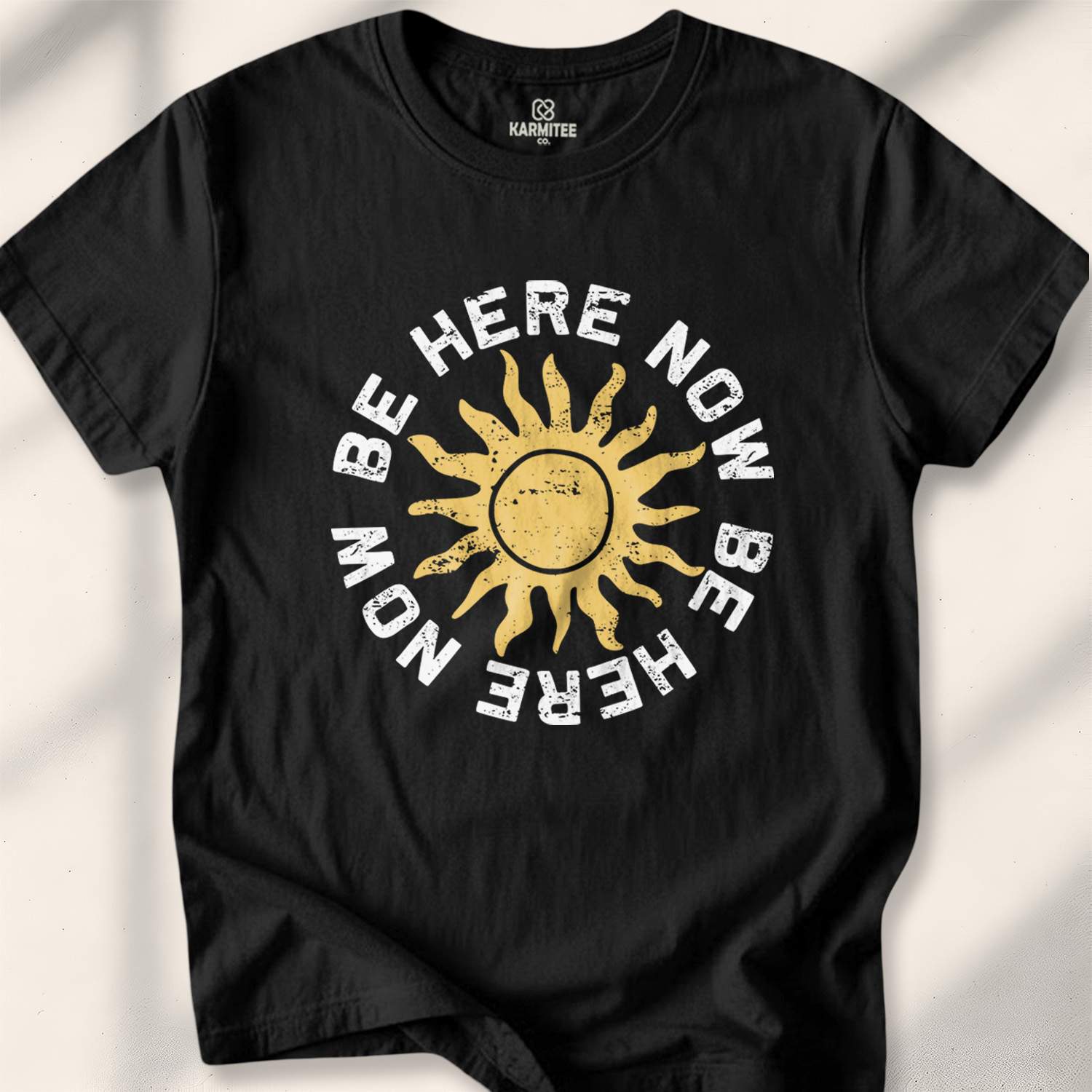 Be Here Now T-shirt - funny zen t-shirt - sarcastic mindfulness tee - ironic meditation shirt - Karmitee humor in S - detail shot