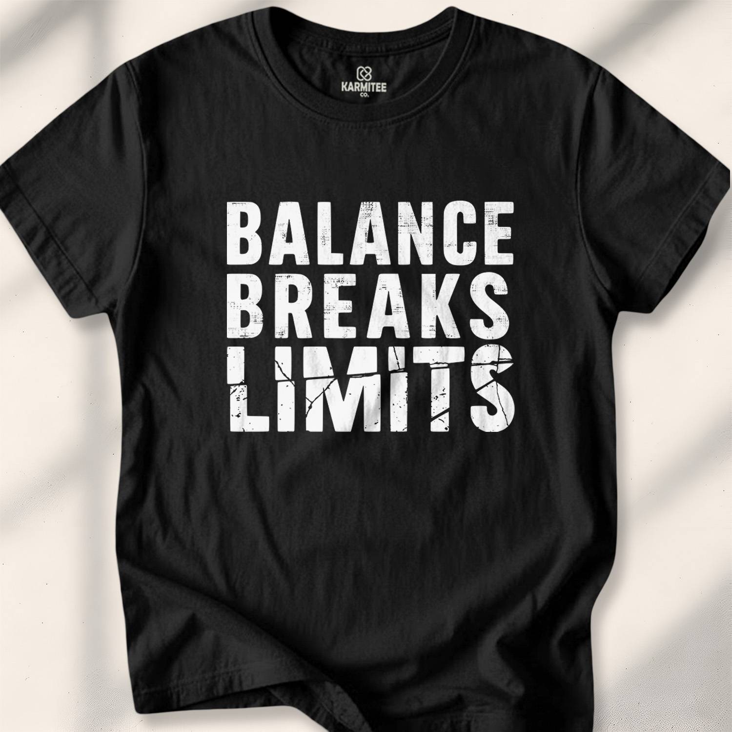 Balance Breaks Limits T-shirt - mindful power t-shirt - silent strength tee - centered rebel apparel - Karmitee urban zen in S - detail shot
