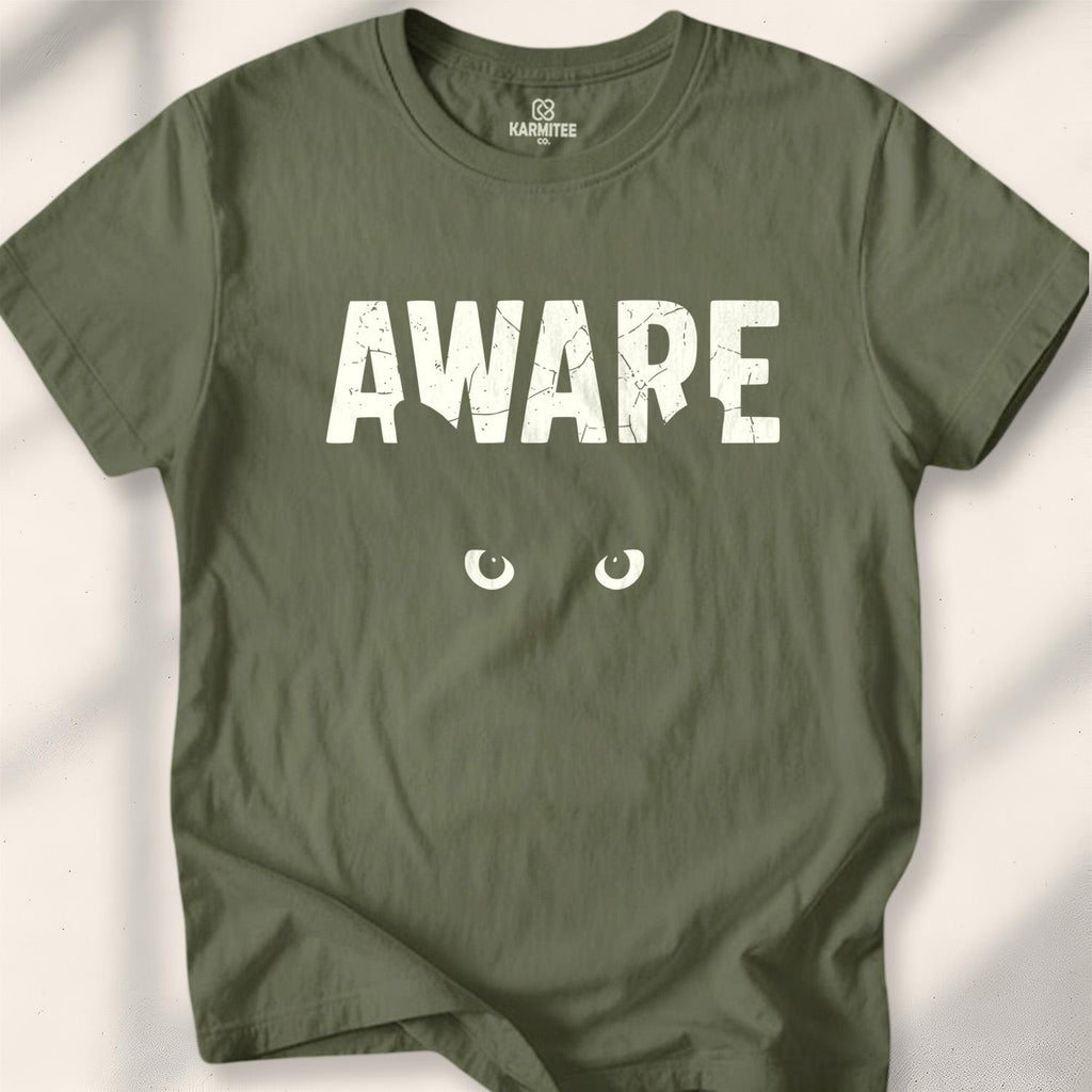 Aware (Cat's eyes) T-shirt - cat lover zen t-shirt - funny cat person tee - feline mindfulness shirt - Karmitee in S - front view
