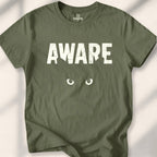 Aware (Cat's eyes) T-shirt - cat lover zen t-shirt - funny cat person tee - feline mindfulness shirt - Karmitee in S - front view